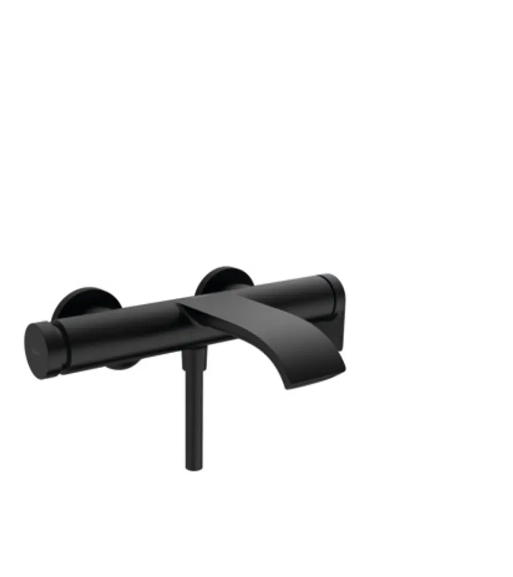 Hansgrohe-Mischer in mattem Schwarz mit einer geschwungenen Auslaufdüse und zwei runden Bedienknöpfen, geeignet für die Wandmontage.